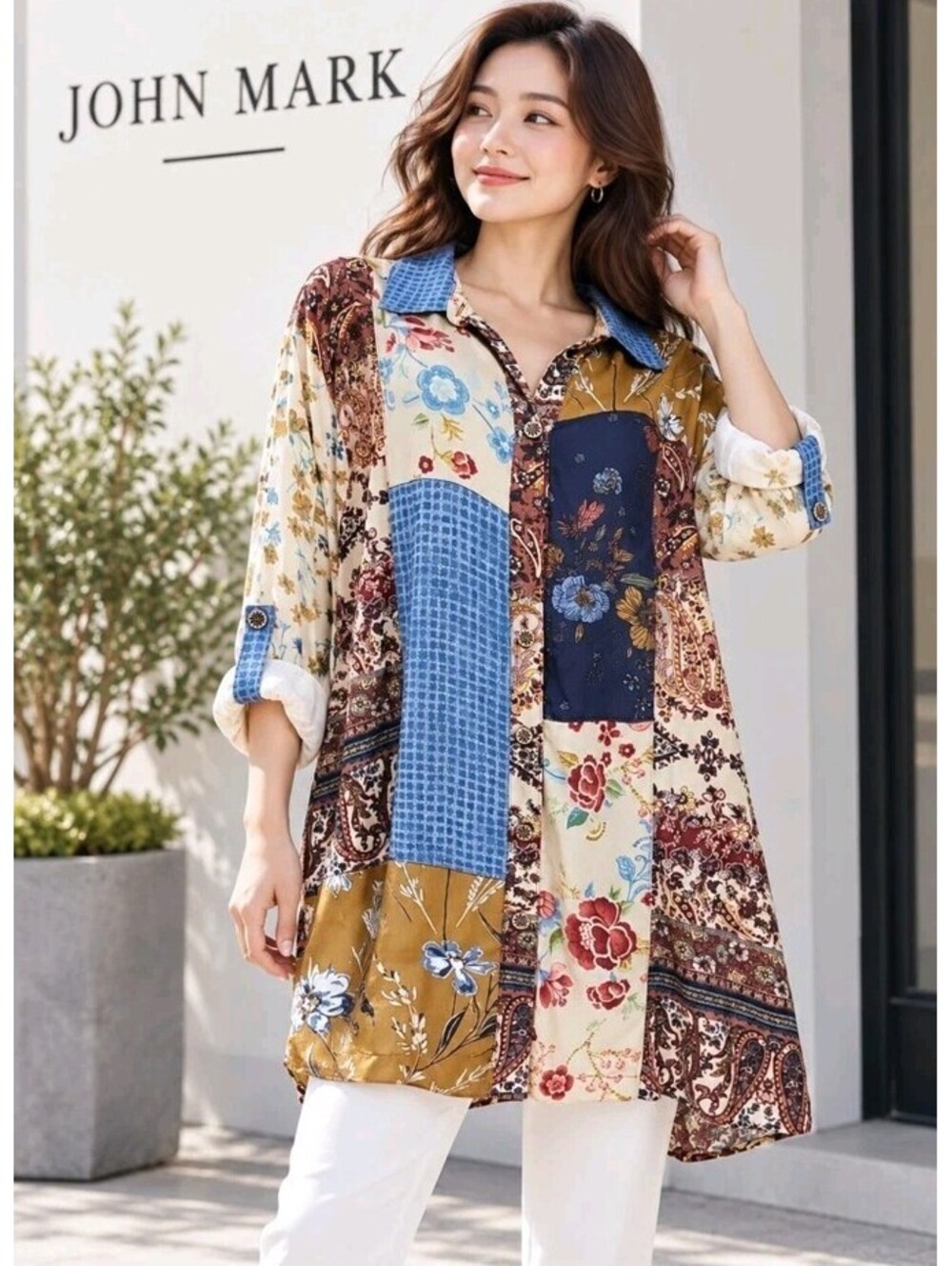 John Mark Multi-Print Patched Long Roll-Tab Sleeve Button-Up Tunic 2X NWT #CC